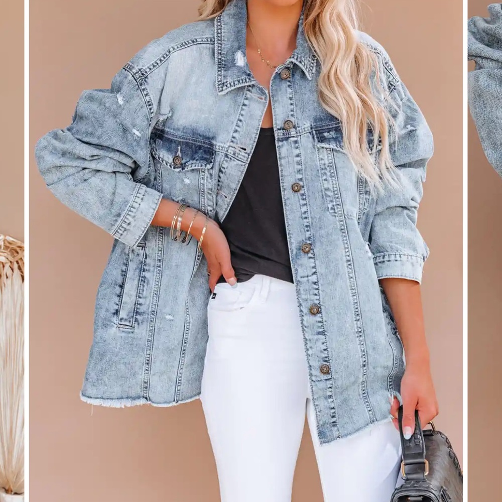 EUC layne oversized distressed pocketed denim shacket jacket size small